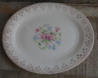 Vintage Cream Colored Floral Small Platter Pink Blue Flowers Oval Gold Trim 1940s 1950s Display Retro Floral Serving Dish