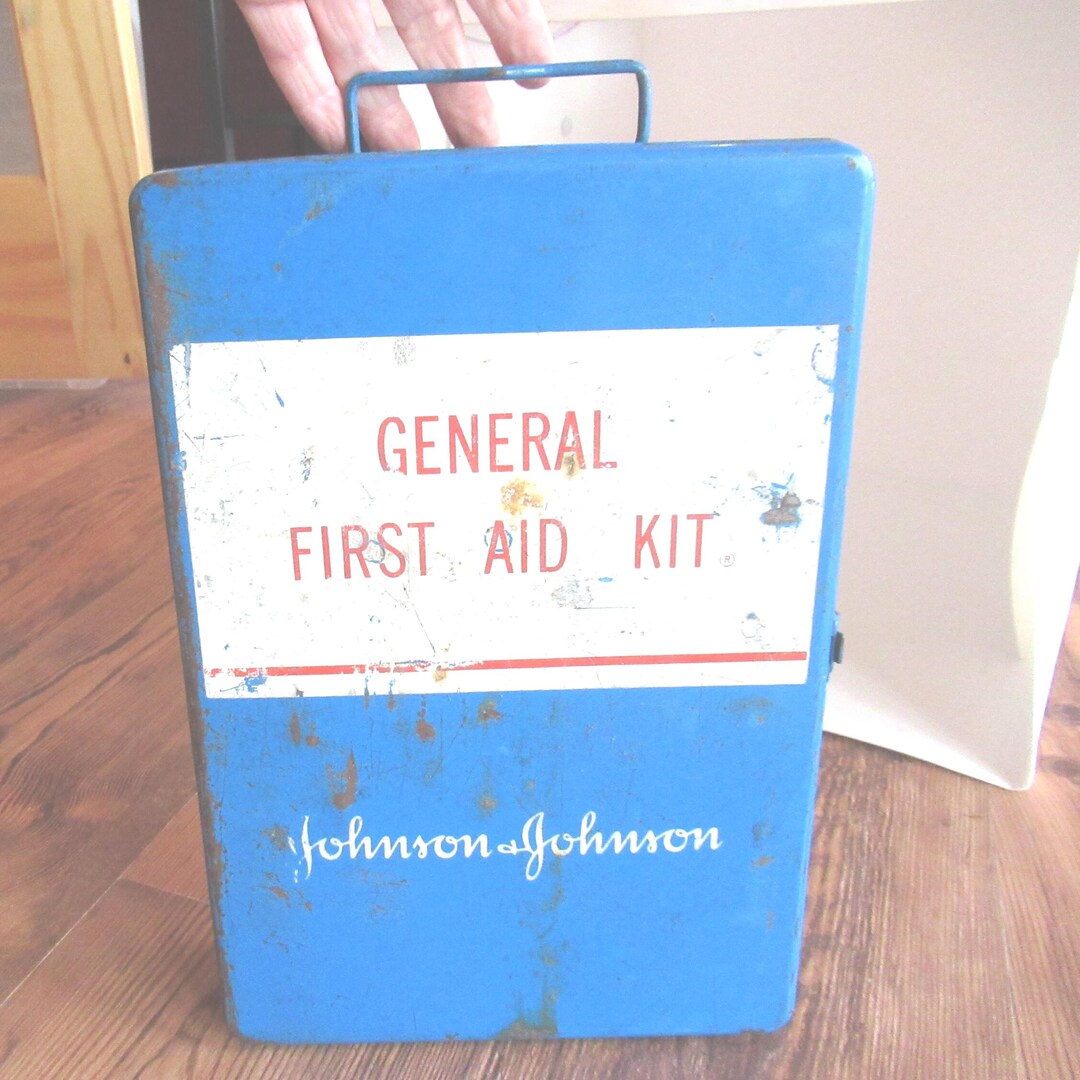Vintage Johnson & Johnson General First Aid Kit Blue Metal Hinged