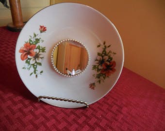 Vintage Saucer Wall Hanging Mirror Center Orange White Lilies Handmade 1970s 1980s Small Decor Self Standing or Wall Hanging Mirror