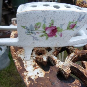 Vintage German Porcelain Wheelbarrow Flower Vase & Frog Gold Accents White Dresden Germany Pink Roses Unique Flowers Shabby Chic 1930s 1940s image 3