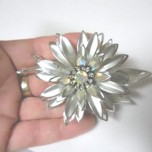Vintage Silver Flower Pin Matte & Shiny Large Iridescent Rhinestone Brooch Unmarked 1950s 1960s