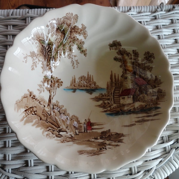 Vintage Johnson Brothers Bowl The Old Mill Pattern Made in England 1950s 1960s Serving Round Not Perfect Colorful Beautiful Scene Display