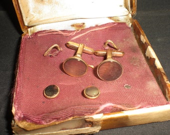 Vintage Men's Hickok Cuff Links & 2 Studs Original Box Gold Tone Brown Mother Of Pearl 4 Pieces 1940s 1950s