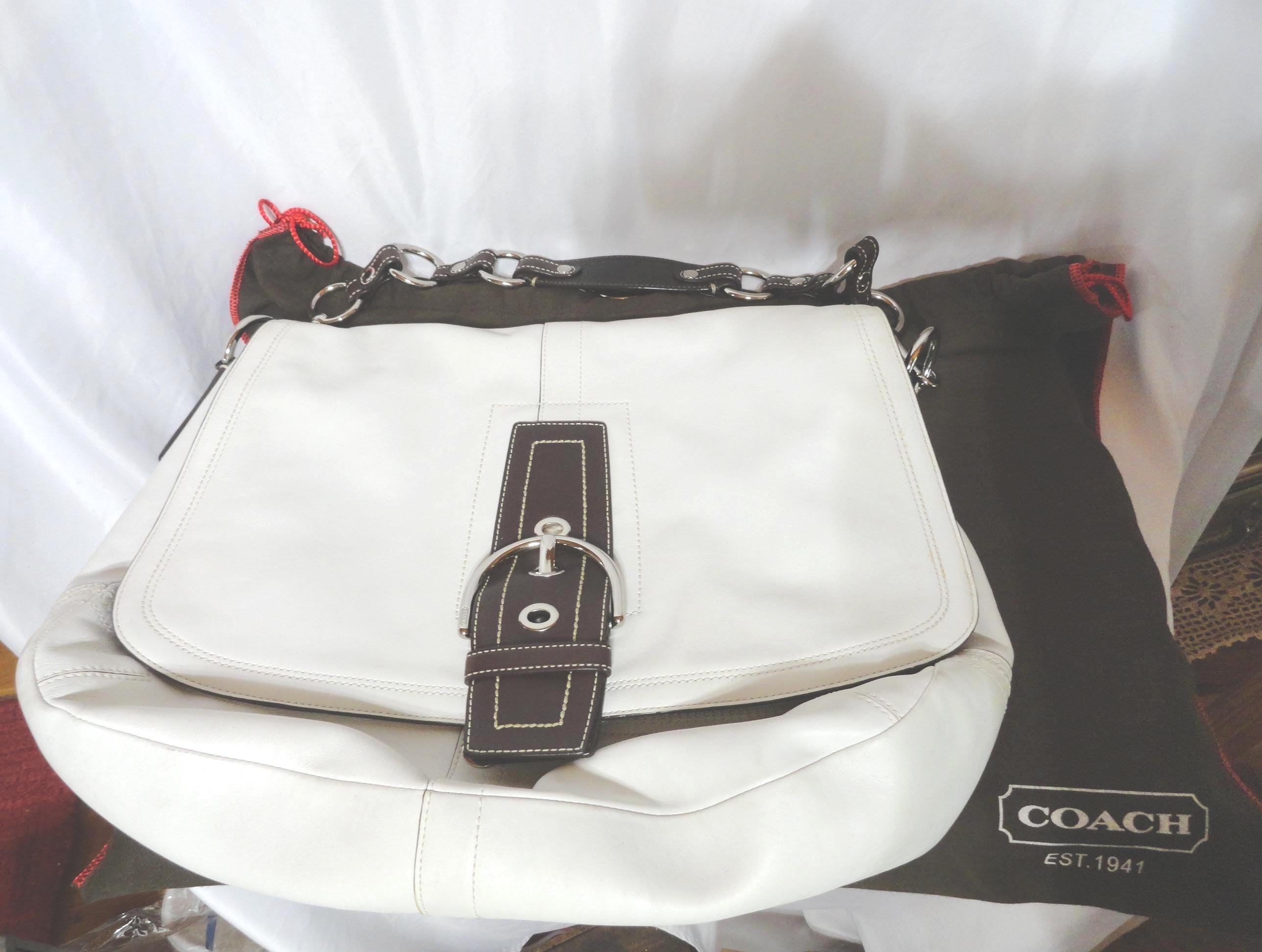 Vintage Coach White Leather Purse With Brown Trim, Large Handbag 