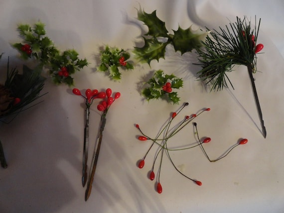 Vintage 1950s 1960s Red & Green Christmas Greenery Picks for