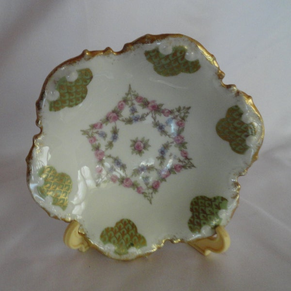 Antique Limoges GDA France Tiny Bowl Small Dish Scalloped Tiny Pink Rose Flowers Light Green Blue Gold Trim Round Shabby Chic 1900s to 1940s