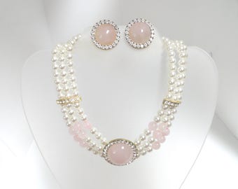 Vintage Rose Quartz Jewelry Set: Necklace & Clip On Earrings, Rhinestones and Faux Pearls, Gold Tone Multi-strand, 1980s