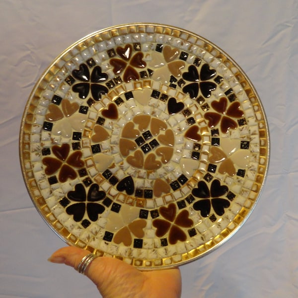 Vintage Ceramic Tile Round Tray Dish Plate Metal Bottom Hearts Squares Mosaic Art Brown Beige Gold Home Decor Display 1950s to 1970s