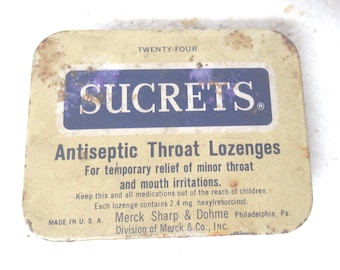 Vintage Sucrets Tin, Gray & Blue Antiseptic Throat Lozenges, 1950s 1960s