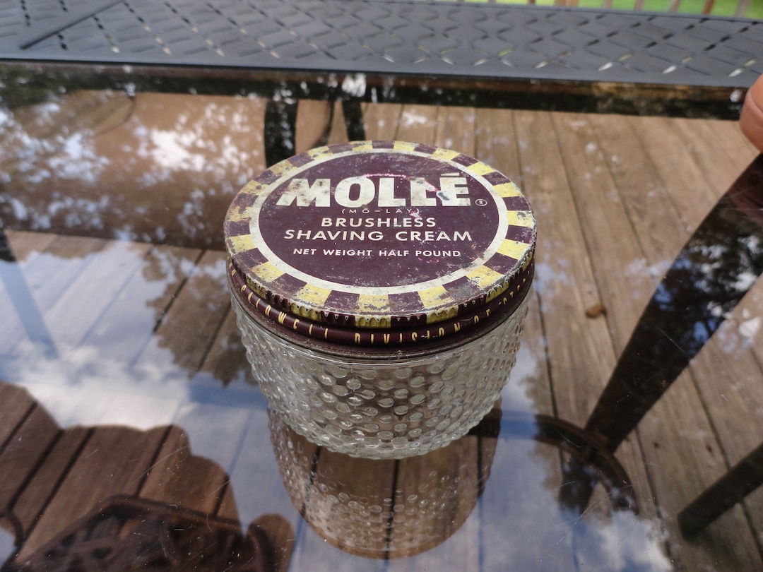 Vintage Men's Shaving Cream Jar Brown Yellow & Clear Hobnail Glass Jar Metal Lid Molle' molay