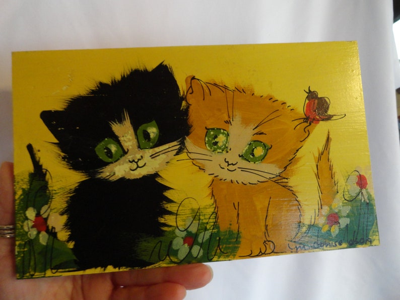 Vintage Double Kitty Cats Black & Orange Wall Hanging Small Hand Painted Kid's Room Decor Nursery Decor Children's Room Decor 1960s 1970s image 6