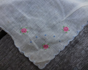 Vintage Women's Embroidered Handkerchief Ladies Accessory Light Blue 1950s 1960s Hankie Pink Flowers Something Old Bridal Reusable Hanky