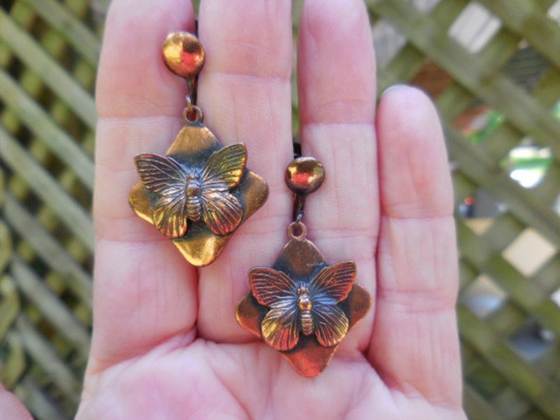Vintage 1960s to 1970s Copper Screw Back Earrings Non Pierced Dangle Butterflies Retro Mid Century