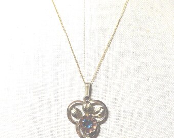 Vintage Gold Filled Necklace with Blue Rhinestone Flower 1930s-40s, Ipskin
