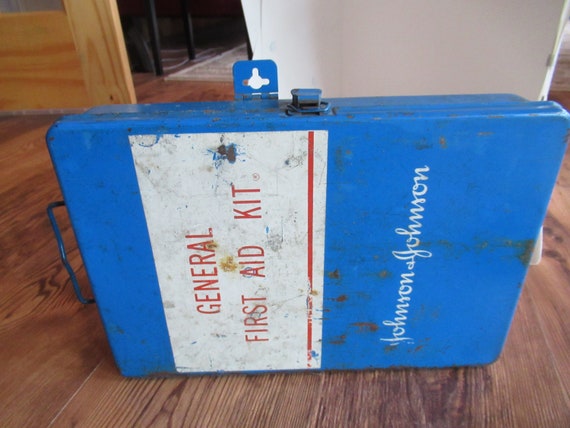 Vintage Johnson & Johnson General First Aid Kit Blue Metal Hinged 