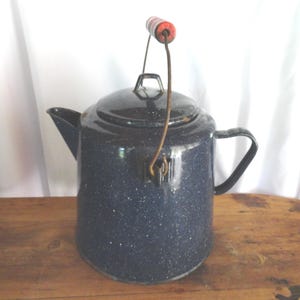 Vintage Enamel Coffee Pot with White Specks, Large, Red Wood Handle