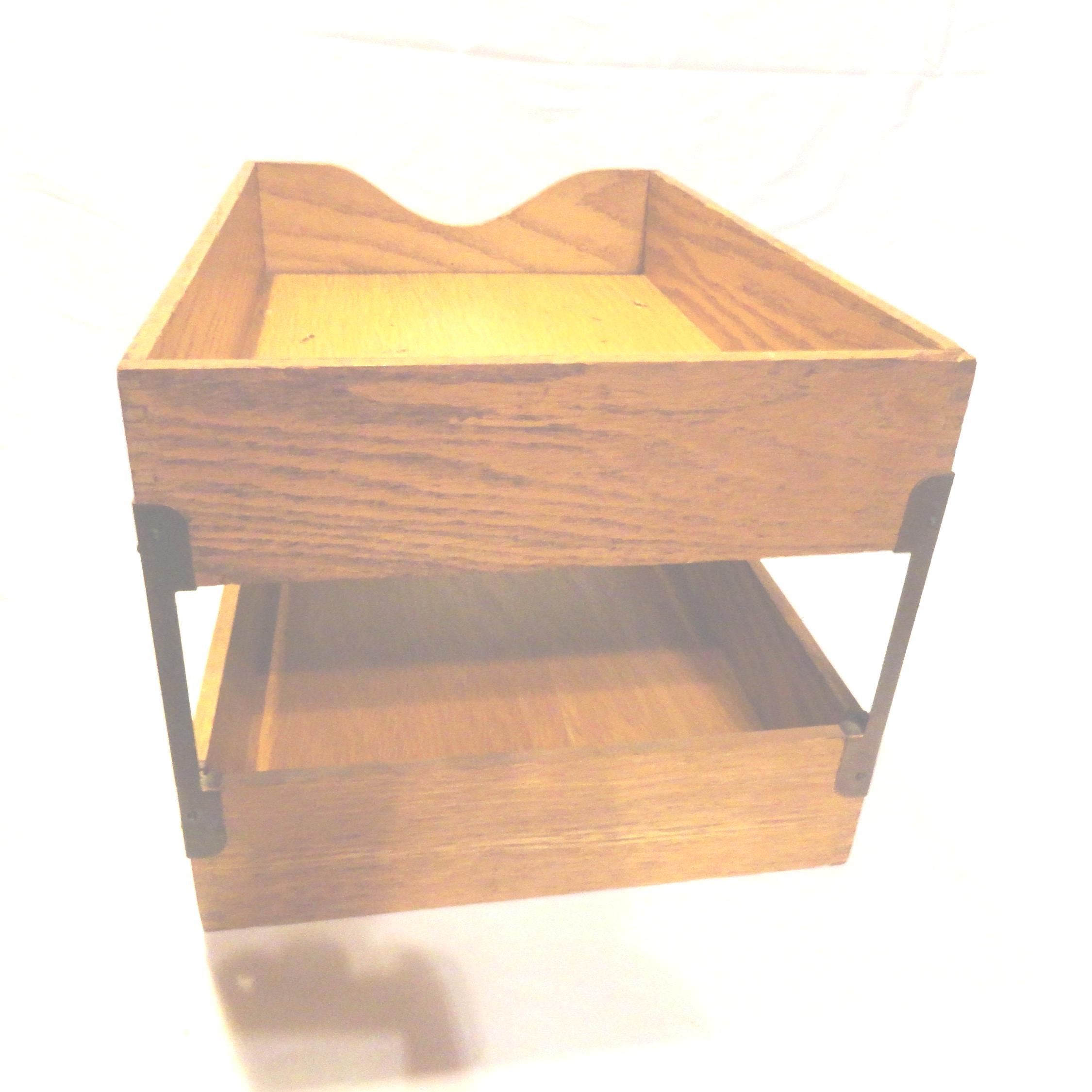Vintage Double Oak Wood Letter Tray, Legal Size Desk Accessory
