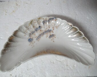 Antique Dresden Germany Blue Flowers Bone Dish Gold Accent Crescent Moon Shaped Porcelain Embossed Edges 1910s to 1940s