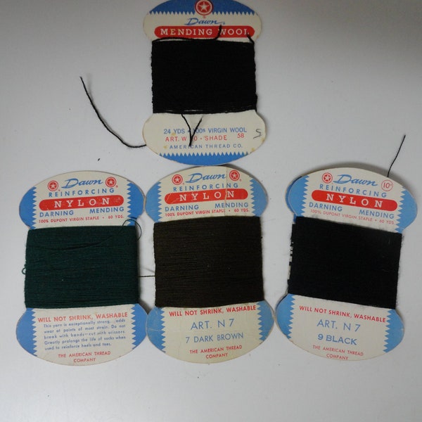 Vintage Dawn Reinforcing Nylon or Wool Darning & Mending Thread Dk. Green/Dk. Brown/Black Choice 60 Yards The American Thread Company 1950s