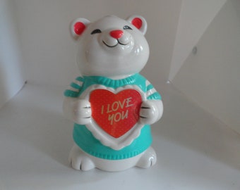 Vintage Avon Ceramic Valentine's Day Teddy Bear Coin Piggy Bank Nursery Baby's Room Baby's Bank Holding Sign " I Love You" NOS No Box