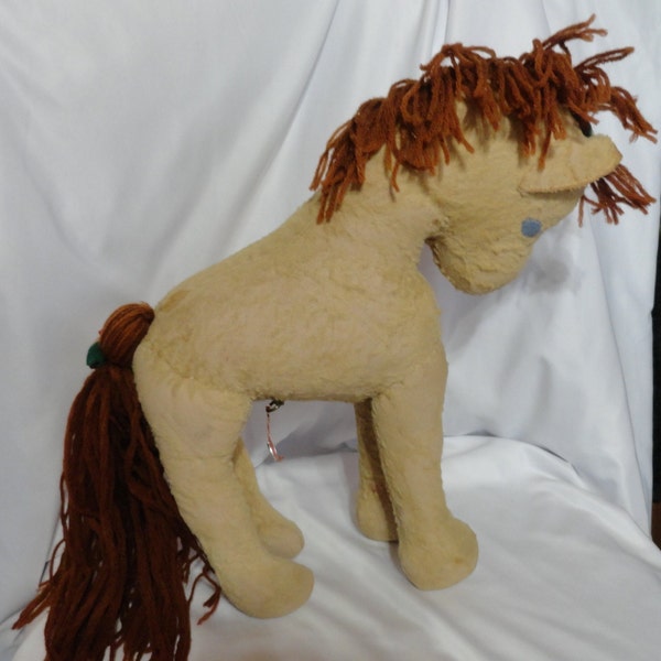 Vintage Stuffed Horse & Thorens Music Box Plays Rockabye Baby 1930s 1940s Yarn Mane and Tail Felt Eyes Very Worn Self Standing