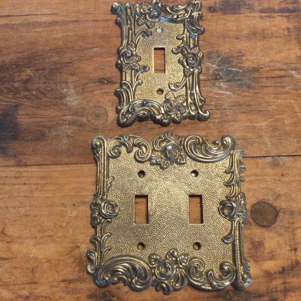 Vintage 1950s to 1970s (1) Gold Tone Metal Single or Double Switch Plate Cover Fancy Decorative Retro Mid Century Home Decor Roses Flowers