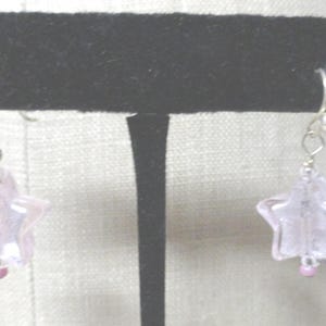 Pink Glass Star Earrings Sterling  Thick Small Silver Dangle Earrings Pierced Seed Beads Crackle Like Looking Gift Ladies Handcrafted