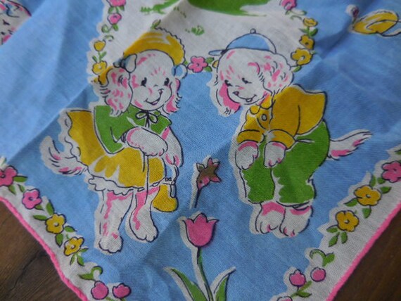 Vintage Women's Puppy Dogs Handkerchief Blue Pink… - image 2