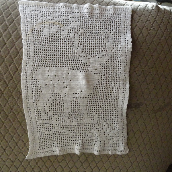 Vintage Rectangle Deer or Buck Lace Doily 1950s 1960s Crocheted Furniture/Couch/Sofa/Chair Doily Home Decor