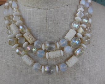 Vintage Women's W. Germany Beige & White Necklace Glass Beaded 3 Strands West Germany 1950s to 1960s Silver Tone Iridescent Adjustable