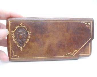 Vintage Italian Slide-Out Leather Wallet for Bills, Embossed Design, Slim, Brown