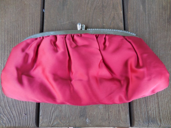 Vintage Women's Red Satin Fabric Purse Clear Rhin… - image 4