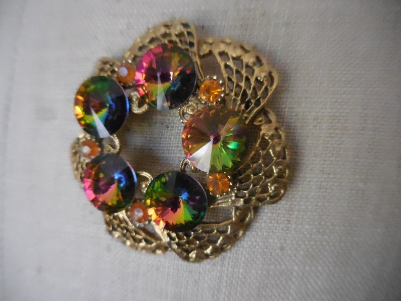 Vintage 1950s to 1960s Iridescent Round Rivoli Beads PinBrooch Gold Tone Colorful Carnival Glass Look Beaded Round Orange Rhinestones