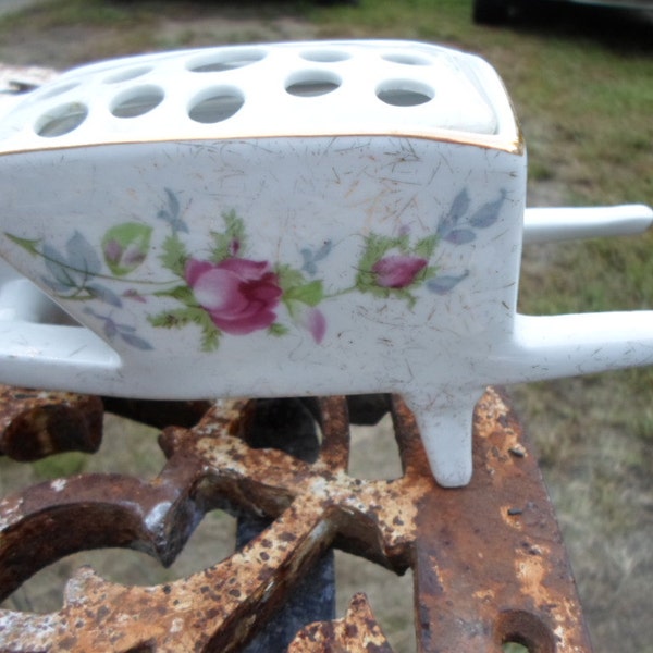 Vintage German Porcelain Wheelbarrow Flower Vase & Frog Gold Accents White Dresden Germany Pink Roses Unique Flowers Shabby Chic 1930s 1940s