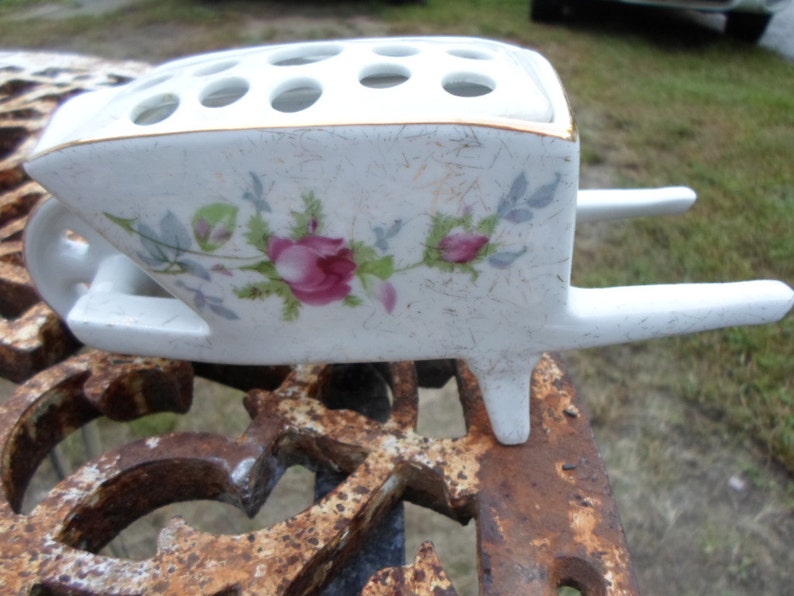 Vintage German Porcelain Wheelbarrow Flower Vase & Frog Gold Accents White Dresden Germany Pink Roses Unique Flowers Shabby Chic 1930s 1940s image 1
