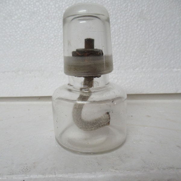 Antique Miniature Jeweler's Lamp Watch Maker's Light & Cover Alcohol Lamp Burner Clear Glass Miniature Unknown Maker 1900s to 1940s