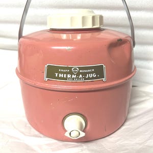 Vintage Pink Thermal 1 Gallon Jug Cooler, Liquid Metal, Porcelain & Plastic, Surface Rust, Dents image 1