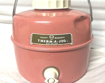 Vintage Pink Thermal 1 Gallon Jug Cooler, Liquid Metal, Porcelain & Plastic, Surface Rust, Dents
