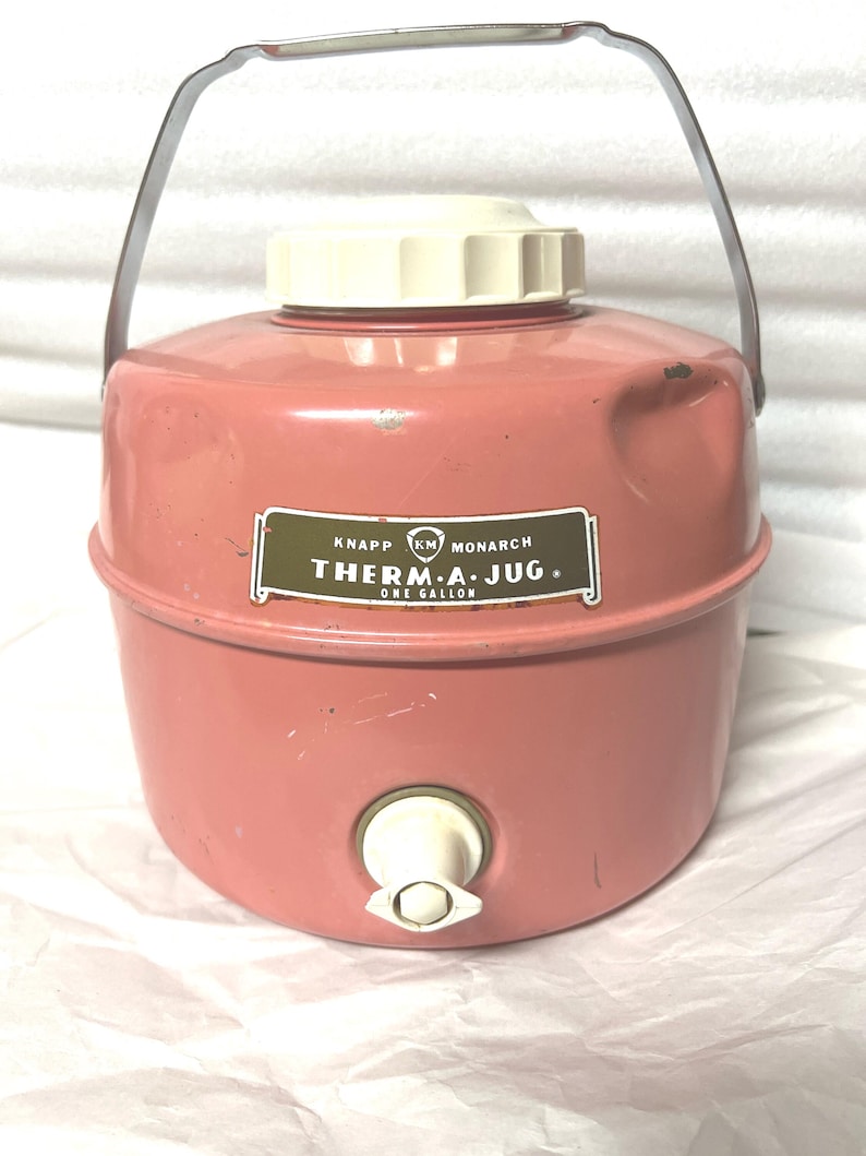 Vintage Pink Thermal 1 Gallon Jug Cooler, Liquid Metal, Porcelain & Plastic, Surface Rust, Dents image 1