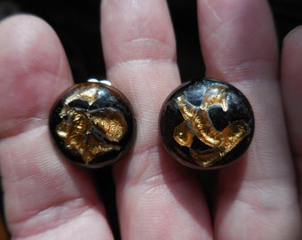 Vintage Women's Black & Gold Swirl Glass Earrings Small Gold Tone Clip on Non Pierced Round Art Ladies Gift Girl's Gift 1950s 1960s