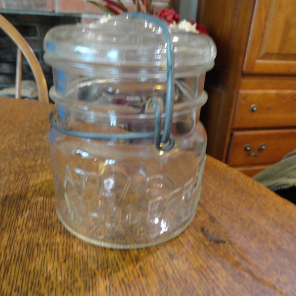 Vintage Hazel Atlas Clear Glass Canning Jar & Wire Bail Embossed Atlas Wholefruit Jar Small Stubby Display Not Perfect 1940s 1950s