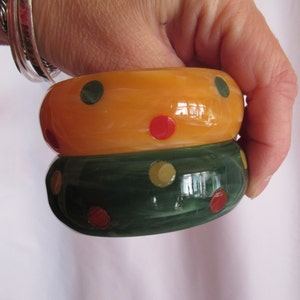 Vintage Marbled Resin Bangle Bracelet Choice of Color Green or Yellow Polka Dotted Retro 1950s 1960s