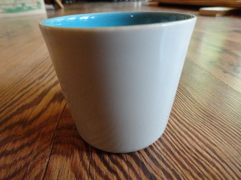Vintage 1950s to 1970s Lietzke Porcelain Tiny CupDishCup Mid Century White OutsideBlue Inside Signed Bottom Reuse Tapered
