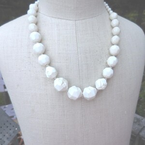 Vintage White Beaded Necklace Large Plastic Beads, Sterling Clasp, 1950s-60s