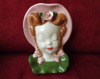 Vintage Head Wall Pocket Wall Vase Redhead Girl Braids Pencil Holder Red Lipstick 1940s 1950s Closed Eyes Pink/Green Home Decor