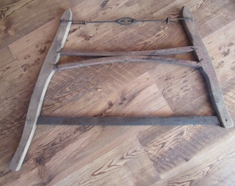 Vintage Wood & Metal Bow Saw Buck Swede Primitive Barn Shed Farmhouse Country Wall Hanging Indoor Outdoor Home Decor Unmarked 1920s to 1940s