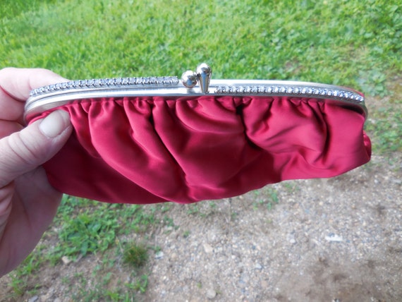 Vintage Women's Red Satin Fabric Purse Clear Rhin… - image 5