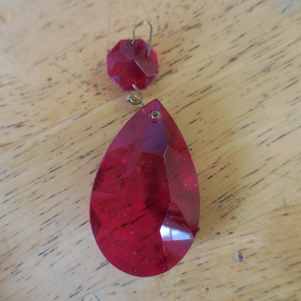 Vintage Ruby Red Teardrop Faceted Glass Double Chandelier Crystal 1950s 1960s (1) Hanging Dangle Repurpose/Reuse Large Octagonal