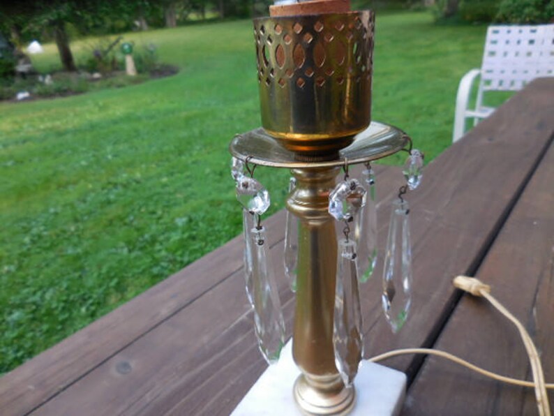 Vintage 1950s to 1960s Marble Based Small Accent Lamp Glass Hanging Crystals Gold Tone Night Stand Bedroom Fancy No Shade Electric Plug in