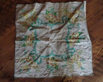 Vintage Women's Small White Handkerchief Green Beige & Yellow Stained Flowers Cotton Repurpose/Reuse Not Perfect Accessory